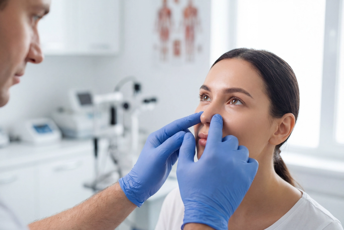 Consultation for rhinoplasty evaluation in a medical clinic